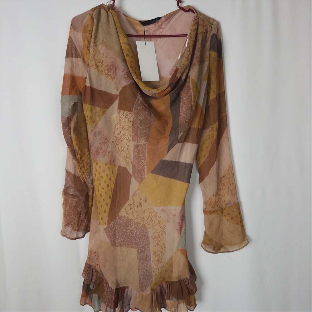 Zara Multi-Colored Patchwork Cowl-Neck Long Sleeve Mini Dress